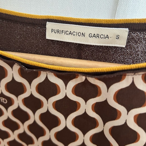 Purificacion Garcia Knit Brown Abstract Print Logo Preppy Blouse Top Size S - Picture 5 of 9